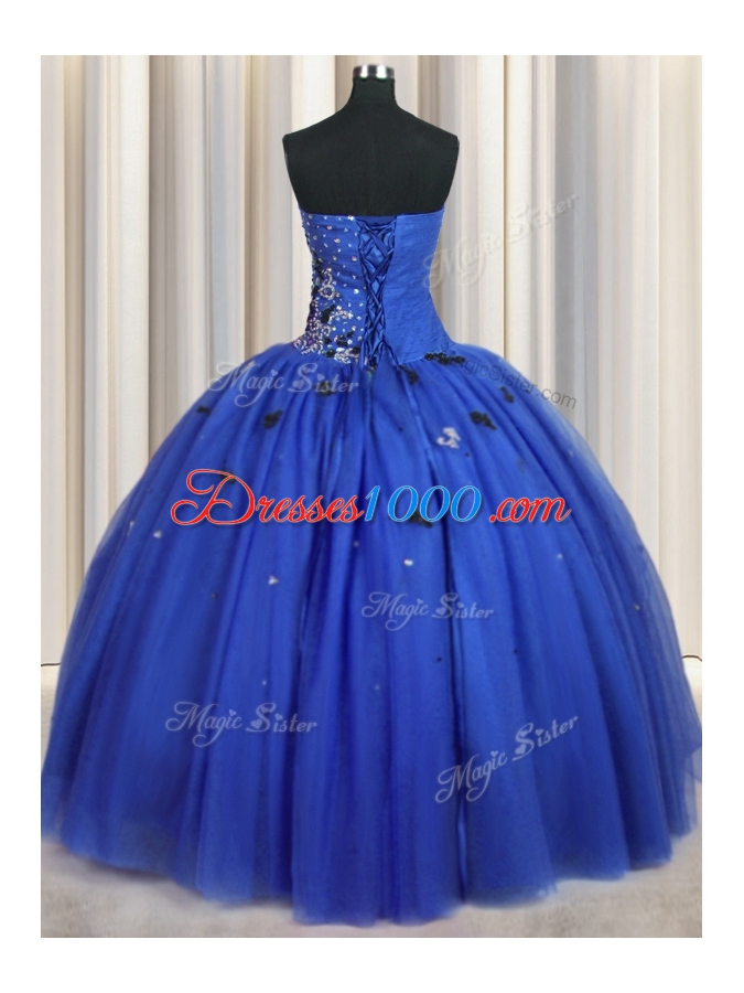 Royal Blue Ball Gowns Sweetheart Sleeveless Tulle Floor Length Lace Up Beading and Appliques 15 Quinceanera Dress