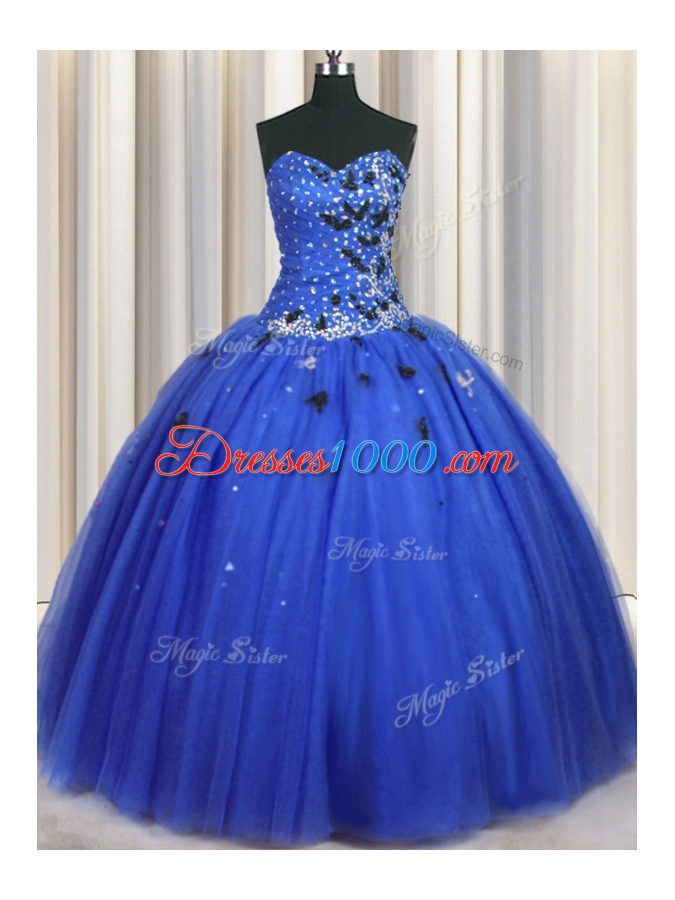 Royal Blue Ball Gowns Sweetheart Sleeveless Tulle Floor Length Lace Up Beading and Appliques 15 Quinceanera Dress
