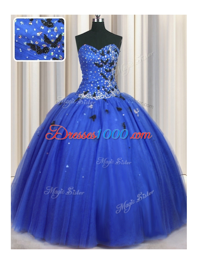 Royal Blue Ball Gowns Sweetheart Sleeveless Tulle Floor Length Lace Up Beading and Appliques 15 Quinceanera Dress