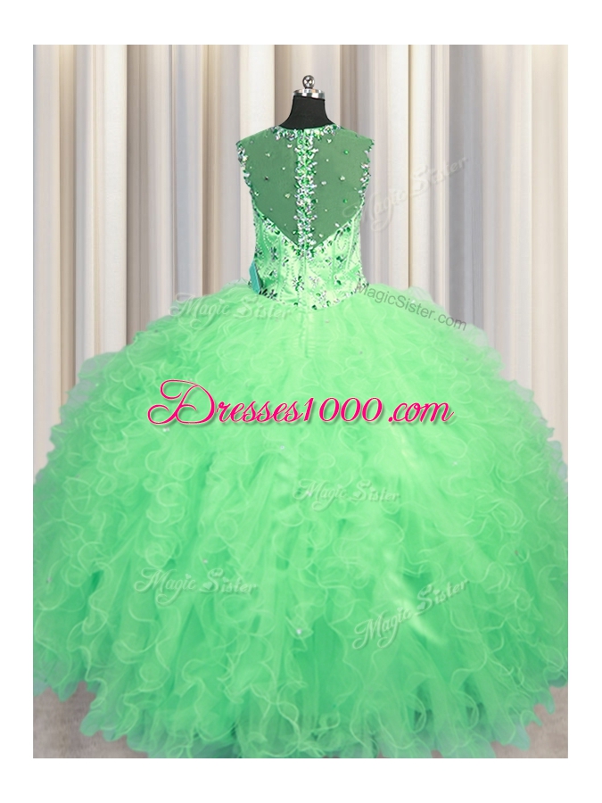 See Through Zipper Up Straps Sleeveless Sweet 16 Quinceanera Dress Floor Length Beading and Ruffles Apple Green Tulle