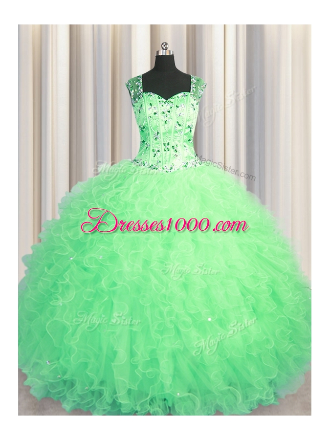 See Through Zipper Up Straps Sleeveless Sweet 16 Quinceanera Dress Floor Length Beading and Ruffles Apple Green Tulle