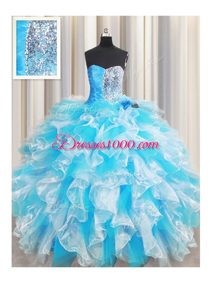 Sequins Floor Length Blue And White Quinceanera Dresses Sweetheart Sleeveless Lace Up