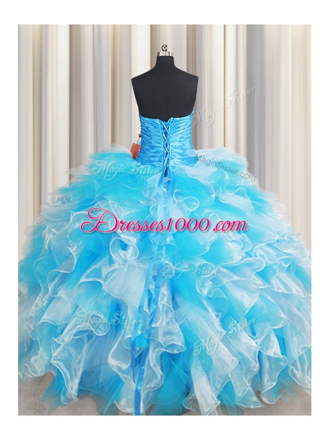 Sequins Floor Length Blue And White Quinceanera Dresses Sweetheart Sleeveless Lace Up