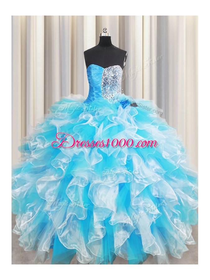 Sequins Floor Length Blue And White Quinceanera Dresses Sweetheart Sleeveless Lace Up