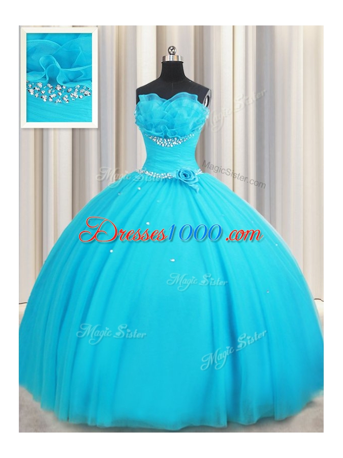 Sleeveless Beading and Ruffles and Hand Made Flower Lace Up Quinceanera Gowns