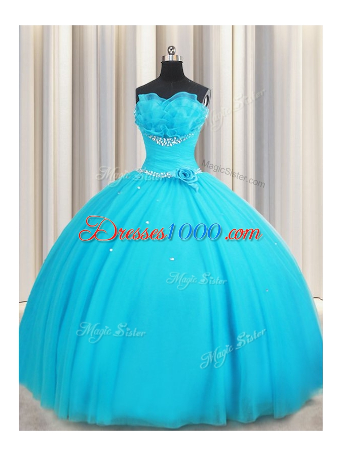Sleeveless Beading and Ruffles and Hand Made Flower Lace Up Quinceanera Gowns