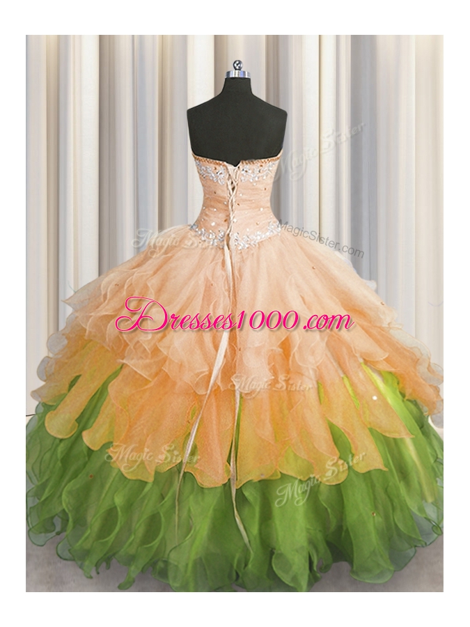Sweetheart Sleeveless Organza 15th Birthday Dress Beading and Ruffles and Ruffled Layers and Sequins Lace Up