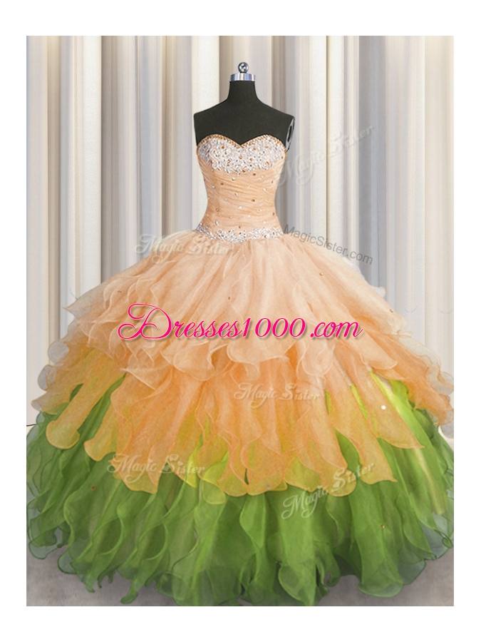 Sweetheart Sleeveless Organza 15th Birthday Dress Beading and Ruffles and Ruffled Layers and Sequins Lace Up