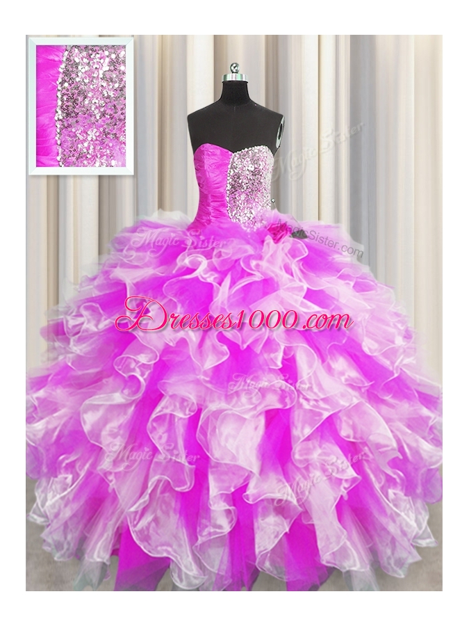 Sweetheart Sleeveless Quinceanera Gown Floor Length Beading and Ruffles and Ruching Multi-color Organza