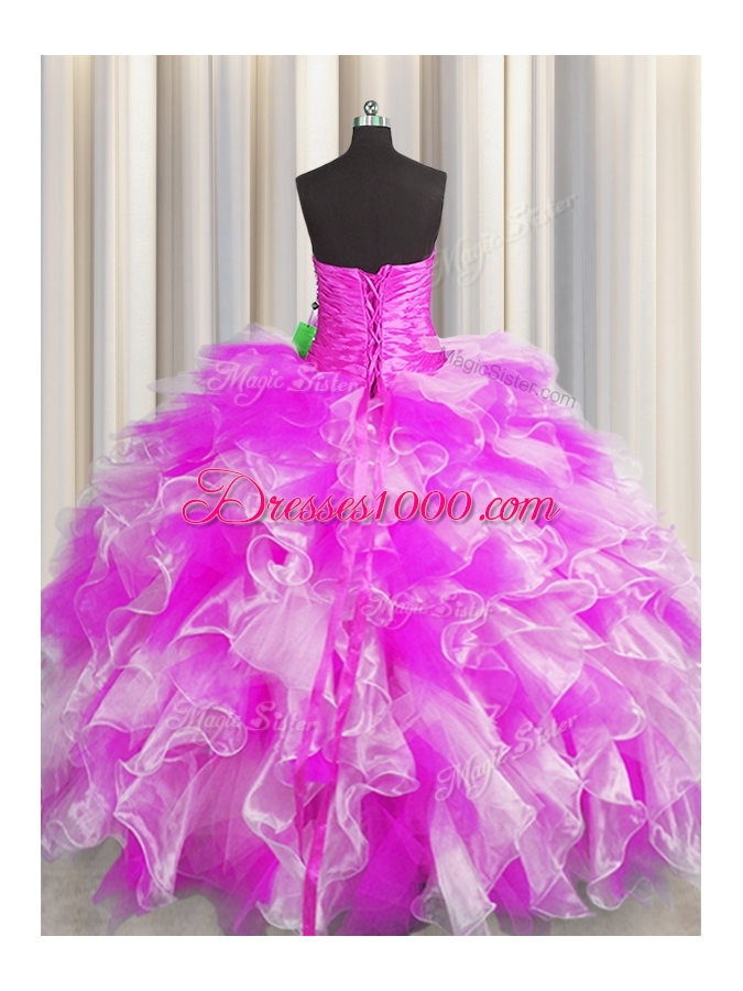 Sweetheart Sleeveless Quinceanera Gown Floor Length Beading and Ruffles and Ruching Multi-color Organza