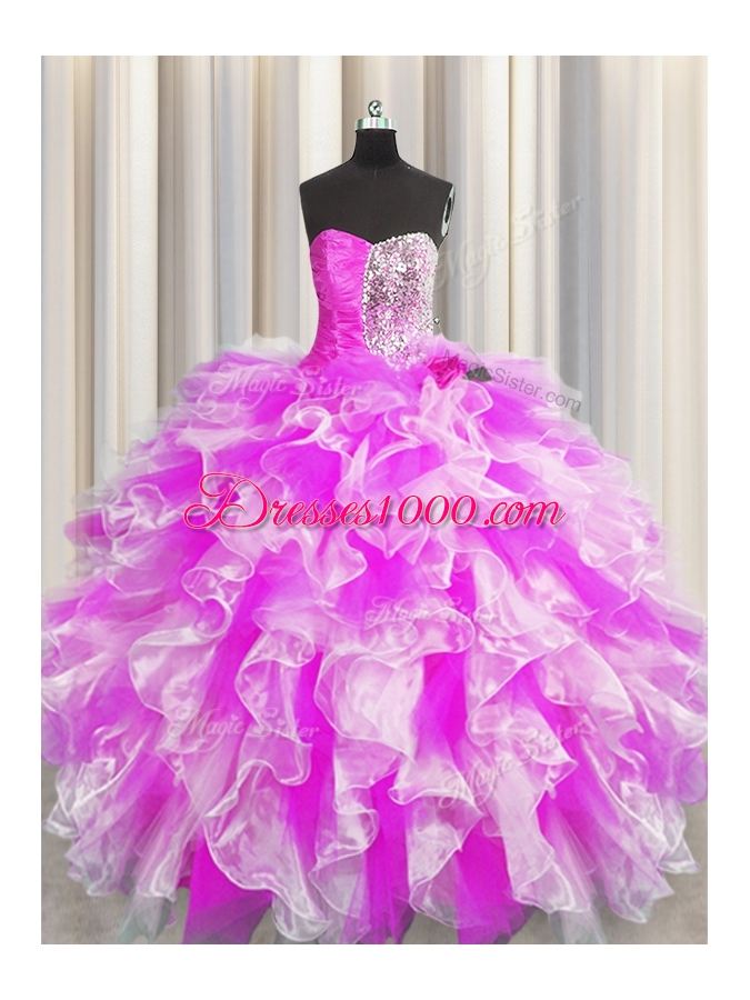 Sweetheart Sleeveless Quinceanera Gown Floor Length Beading and Ruffles and Ruching Multi-color Organza