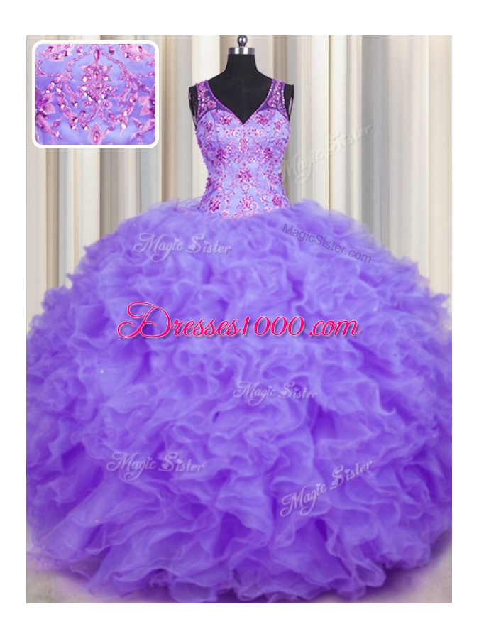 V Neck Lavender Sleeveless Floor Length Beading and Appliques and Ruffles Backless 15th Birthday Dress