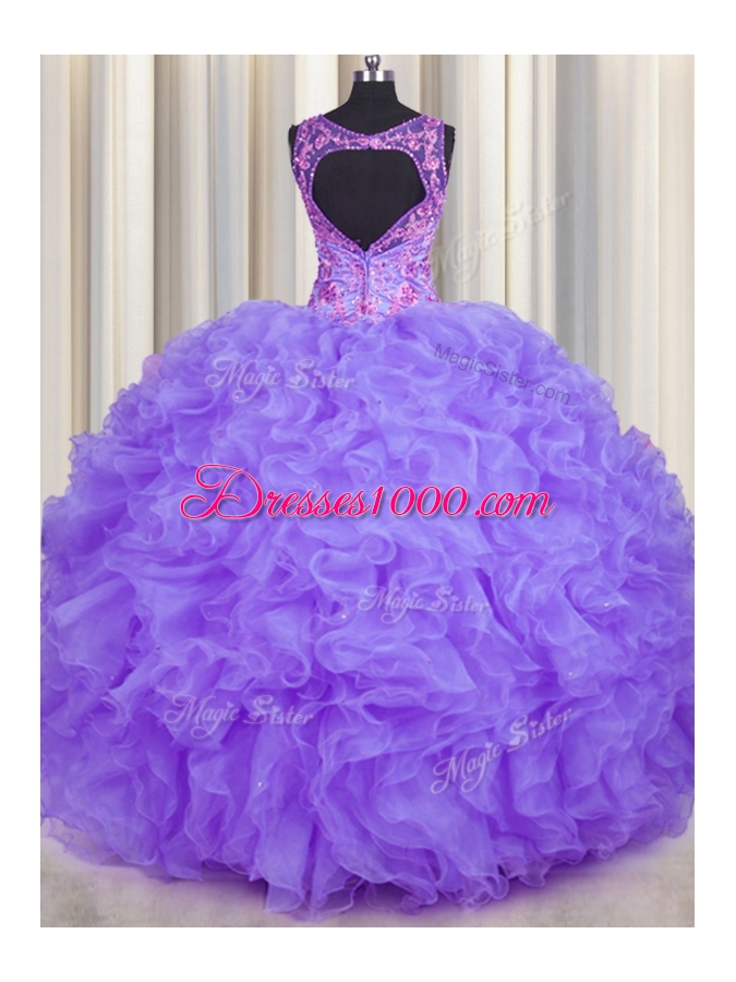 V Neck Lavender Sleeveless Floor Length Beading and Appliques and Ruffles Backless 15th Birthday Dress