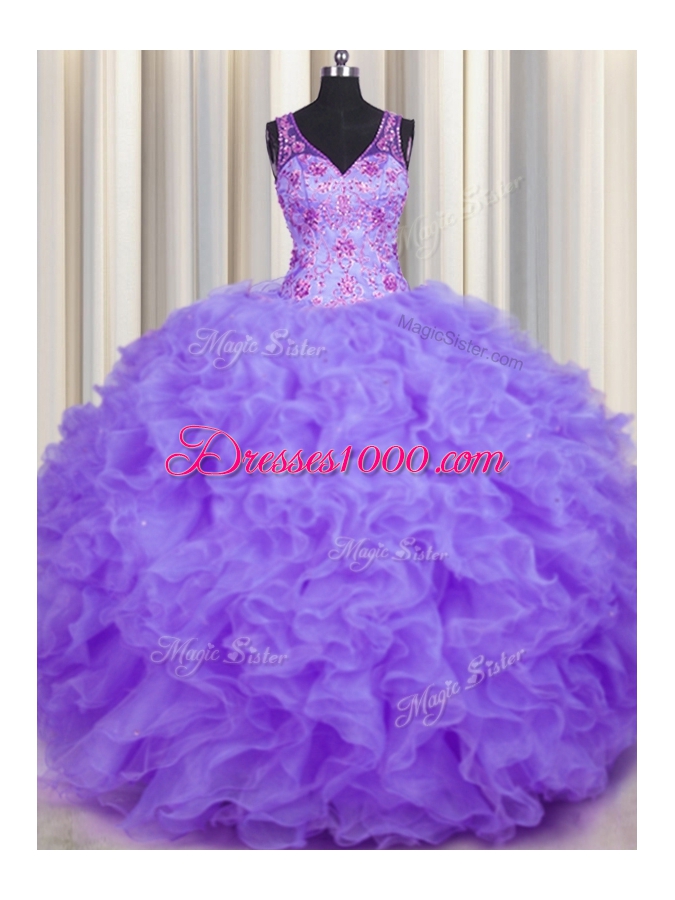 V Neck Lavender Sleeveless Floor Length Beading and Appliques and Ruffles Backless 15th Birthday Dress