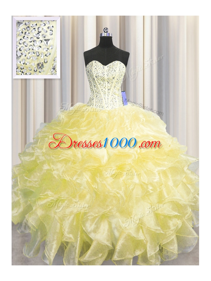 Visible Boning Zipper Up Sleeveless Organza Floor Length Zipper Vestidos de Quinceanera in Light Yellow for with Beading and Ruffles