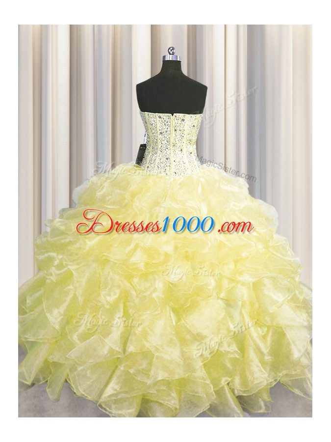 Visible Boning Zipper Up Sleeveless Organza Floor Length Zipper Vestidos de Quinceanera in Light Yellow for with Beading and Ruffles