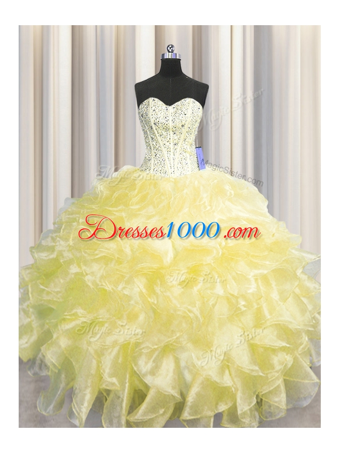 Visible Boning Zipper Up Sleeveless Organza Floor Length Zipper Vestidos de Quinceanera in Light Yellow for with Beading and Ruffles