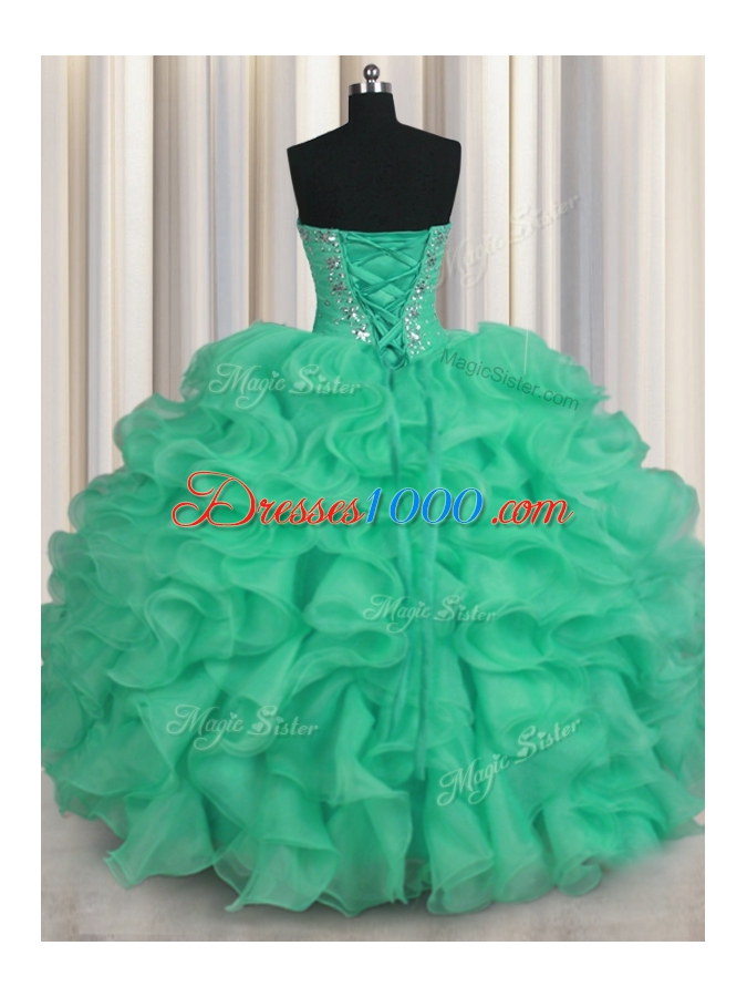 Adorable Organza Sweetheart Sleeveless Lace Up Beading and Ruffles Sweet 16 Dresses in Turquoise