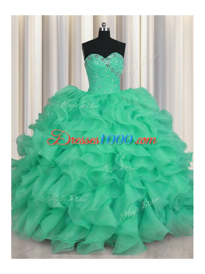 Adorable Organza Sweetheart Sleeveless Lace Up Beading and Ruffles Sweet 16 Dresses in Turquoise
