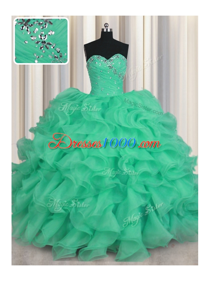 Adorable Organza Sweetheart Sleeveless Lace Up Beading and Ruffles Sweet 16 Dresses in Turquoise