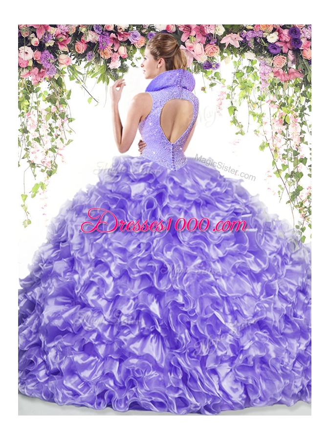 Aqua Blue Ball Gowns Beading and Ruffles Sweet 16 Dress Backless Organza Sleeveless Floor Length