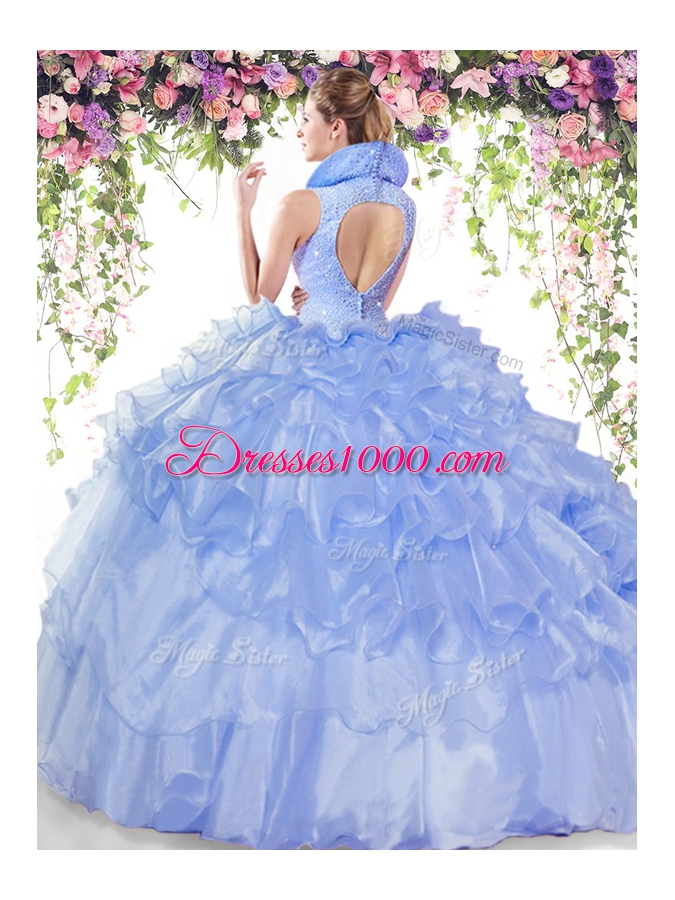 Baby Blue Ball Gowns Organza High-neck Sleeveless Beading and Ruffled Layers Floor Length Backless Quinceanera Dress