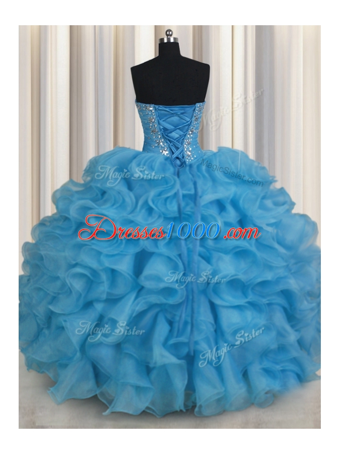 Baby Blue Ball Gowns Sweetheart Sleeveless Organza Floor Length Lace Up Beading and Ruffles Quinceanera Dress