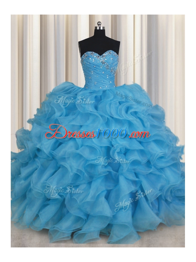 Baby Blue Ball Gowns Sweetheart Sleeveless Organza Floor Length Lace Up Beading and Ruffles Quinceanera Dress