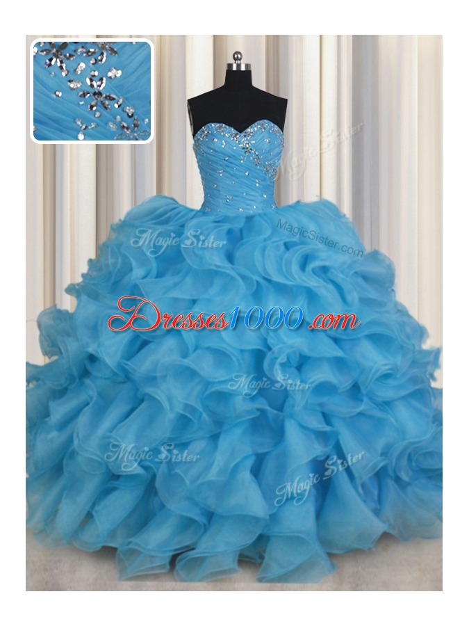 Baby Blue Ball Gowns Sweetheart Sleeveless Organza Floor Length Lace Up Beading and Ruffles Quinceanera Dress
