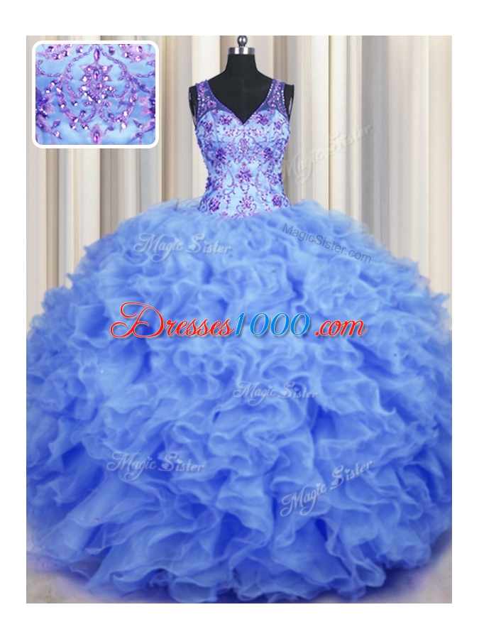 Captivating V Neck Blue Sleeveless Beading and Appliques and Ruffles Floor Length Vestidos de Quinceanera