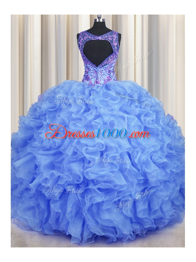 Captivating V Neck Blue Sleeveless Beading and Appliques and Ruffles Floor Length Vestidos de Quinceanera