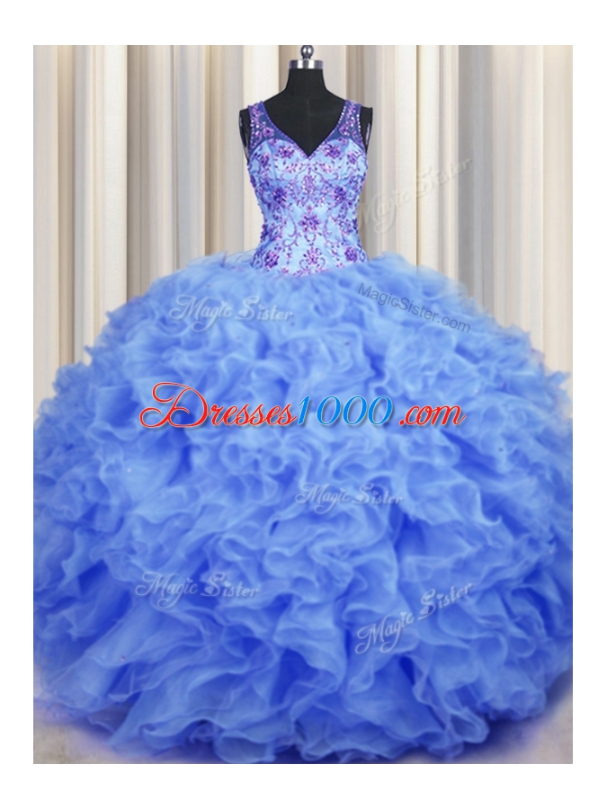 Captivating V Neck Blue Sleeveless Beading and Appliques and Ruffles Floor Length Vestidos de Quinceanera