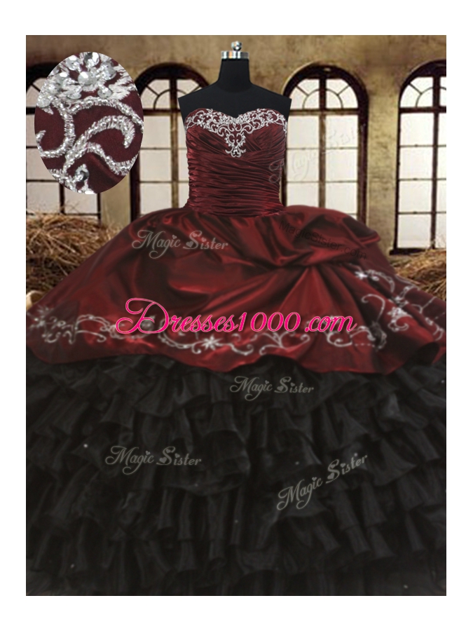 Clearance Red And Black Ball Gown Prom Dress Military Ball and Sweet 16 and Quinceanera and For with Beading and Embroidery and Ruffled Layers Sweetheart Sleeveless Lace Up