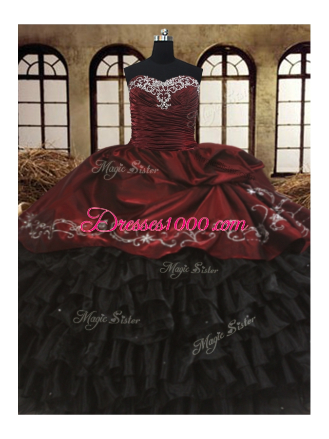 Clearance Red And Black Ball Gown Prom Dress Military Ball and Sweet 16 and Quinceanera and For with Beading and Embroidery and Ruffled Layers Sweetheart Sleeveless Lace Up