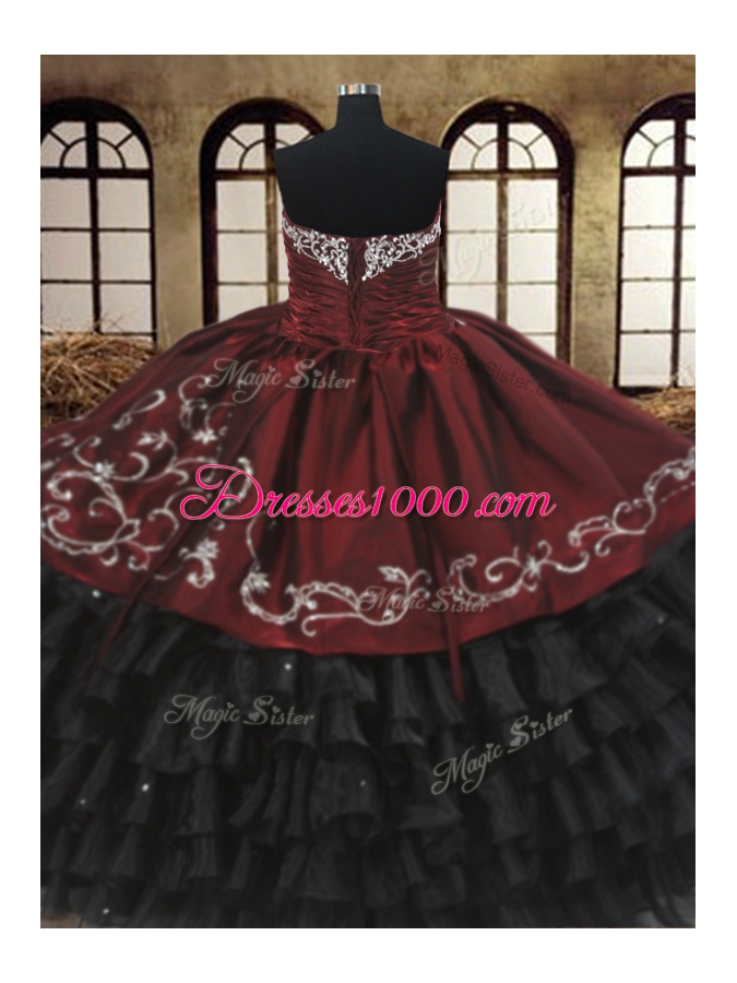 Clearance Red And Black Ball Gown Prom Dress Military Ball and Sweet 16 and Quinceanera and For with Beading and Embroidery and Ruffled Layers Sweetheart Sleeveless Lace Up