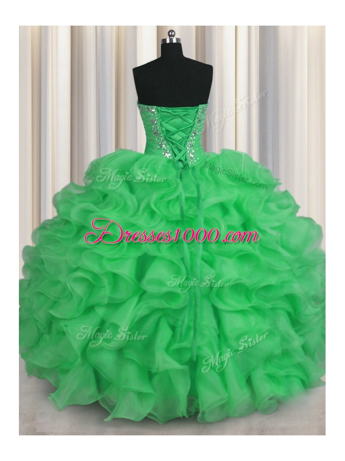 Comfortable Sleeveless Floor Length Beading and Ruffles Lace Up Sweet 16 Dresses with Green