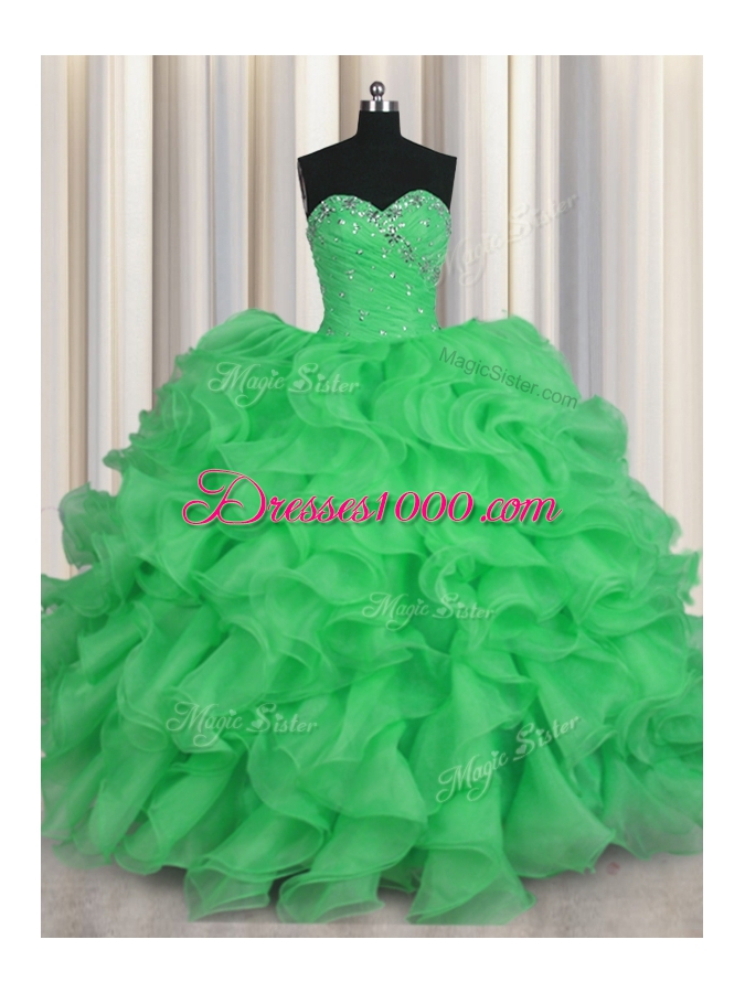 Comfortable Sleeveless Floor Length Beading and Ruffles Lace Up Sweet 16 Dresses with Green