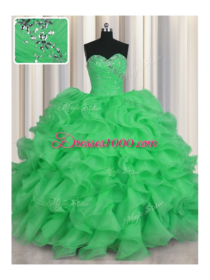 Comfortable Sleeveless Floor Length Beading and Ruffles Lace Up Sweet 16 Dresses with Green
