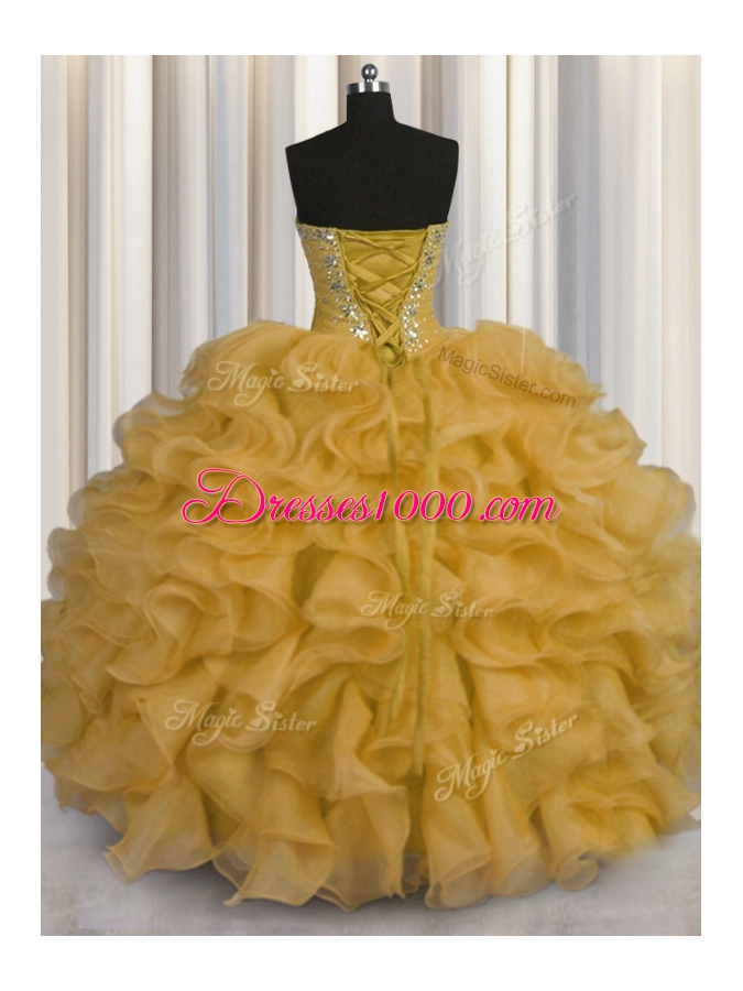Custom Fit Gold Ball Gowns Sweetheart Sleeveless Organza Floor Length Lace Up Beading and Ruffles 15th Birthday Dress