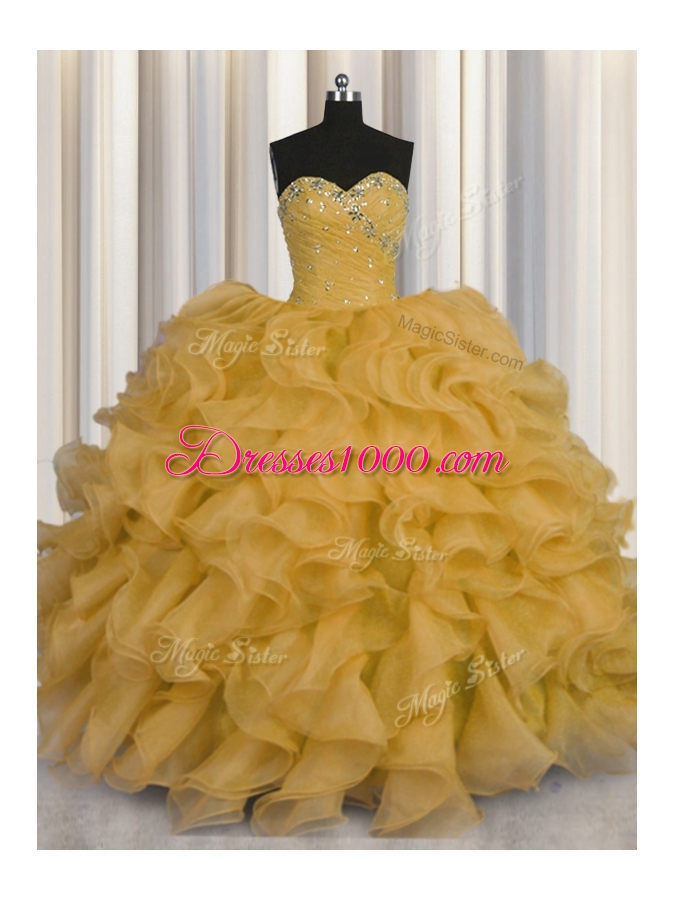 Custom Fit Gold Ball Gowns Sweetheart Sleeveless Organza Floor Length Lace Up Beading and Ruffles 15th Birthday Dress