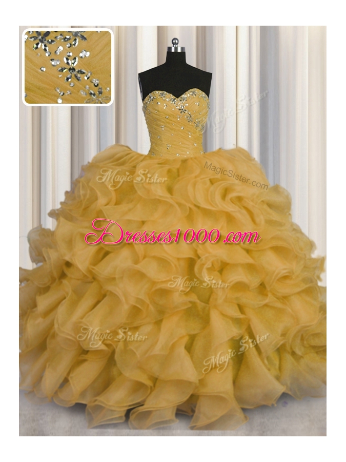 Custom Fit Gold Ball Gowns Sweetheart Sleeveless Organza Floor Length Lace Up Beading and Ruffles 15th Birthday Dress