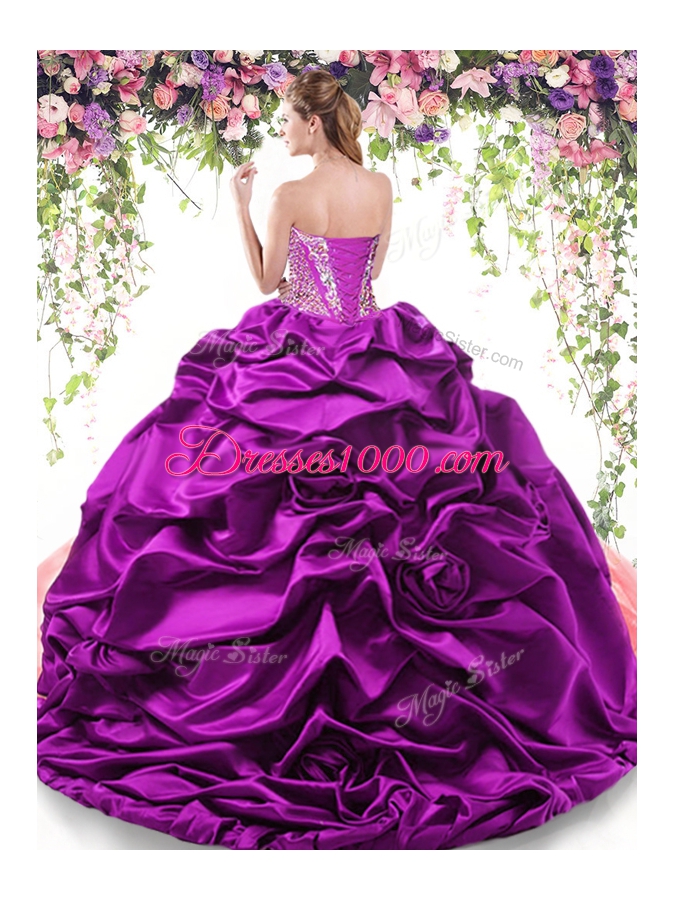 Customized Multi-color Ball Gowns Sweetheart Sleeveless Organza and Taffeta With Brush Train Lace Up Beading and Ruffled Layers and Pick Ups Quinceanera Gown
