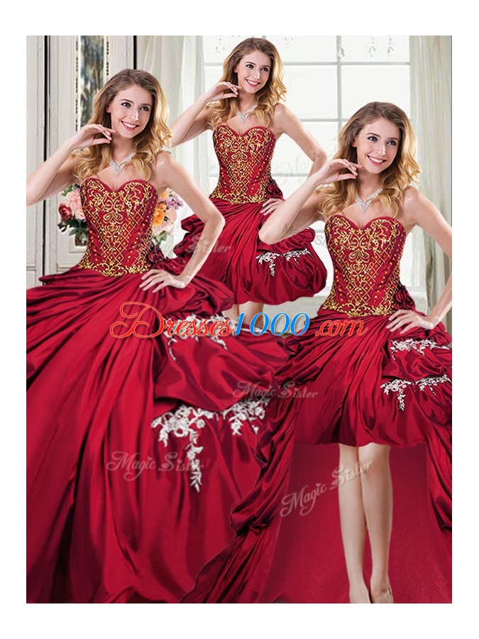 Designer Four Piece Beading and Appliques and Pick Ups Quinceanera Gowns Wine Red Lace Up Sleeveless Floor Length