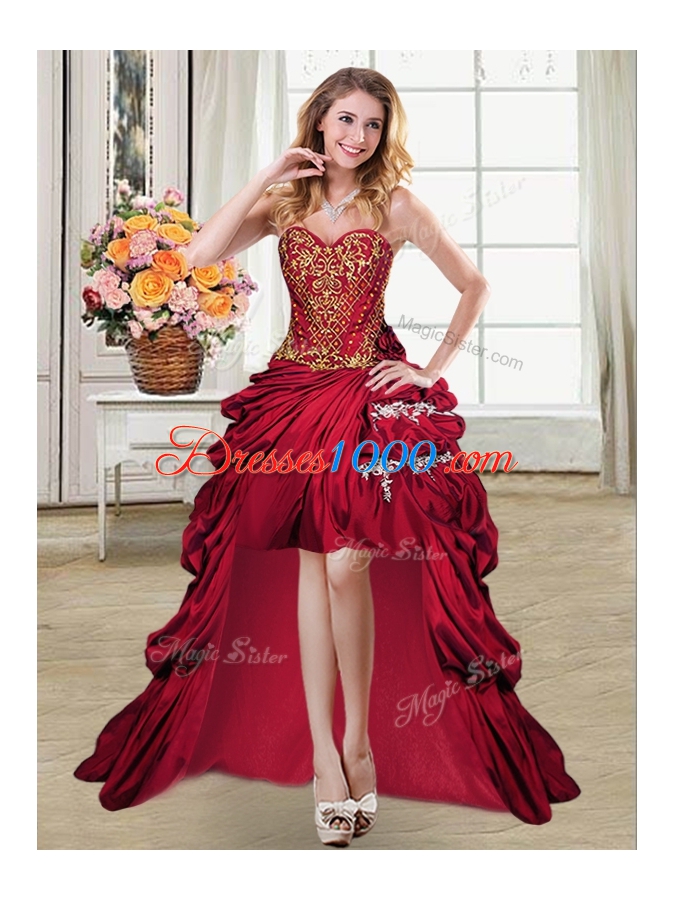 Designer Four Piece Beading and Appliques and Pick Ups Quinceanera Gowns Wine Red Lace Up Sleeveless Floor Length