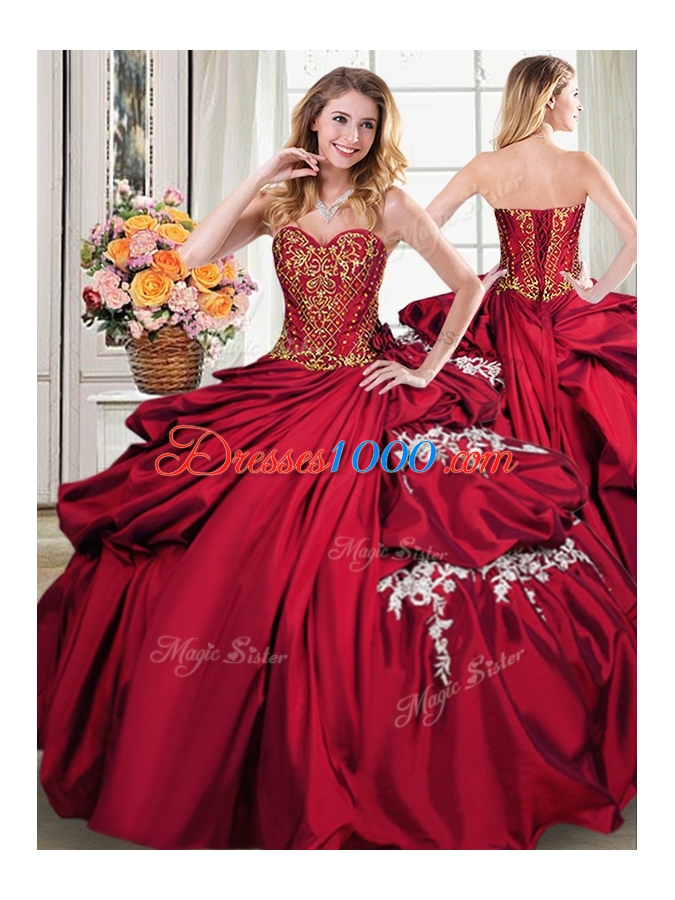 Designer Four Piece Beading and Appliques and Pick Ups Quinceanera Gowns Wine Red Lace Up Sleeveless Floor Length