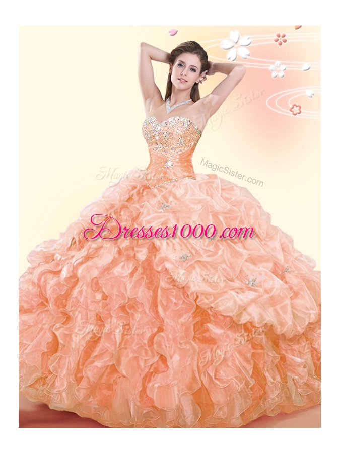 Fancy Orange Lace Up Sweetheart Beading and Ruffles and Pick Ups Quinceanera Gowns Organza Sleeveless