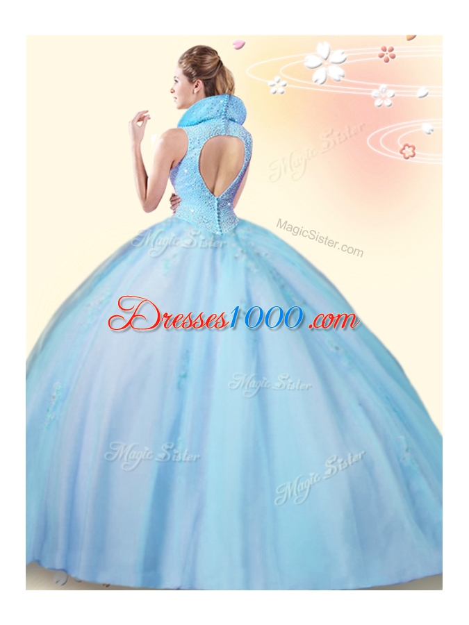 Fantastic Backless Tulle Sleeveless Floor Length Quince Ball Gowns and Beading and Appliques