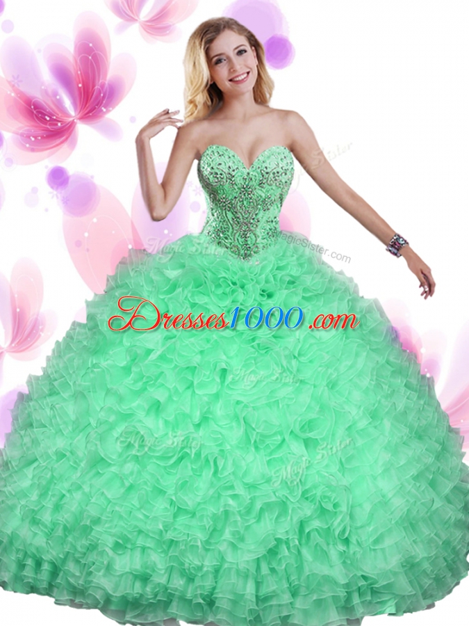 Fantastic Organza Sleeveless Floor Length Quince Ball Gowns and Beading and Ruffles