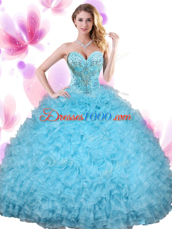 Fantastic Organza Sleeveless Floor Length Quince Ball Gowns and Beading and Ruffles