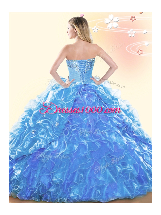 Fashion Sleeveless Floor Length Beading and Ruffles and Pick Ups Lace Up Sweet 16 Quinceanera Dress with Blue